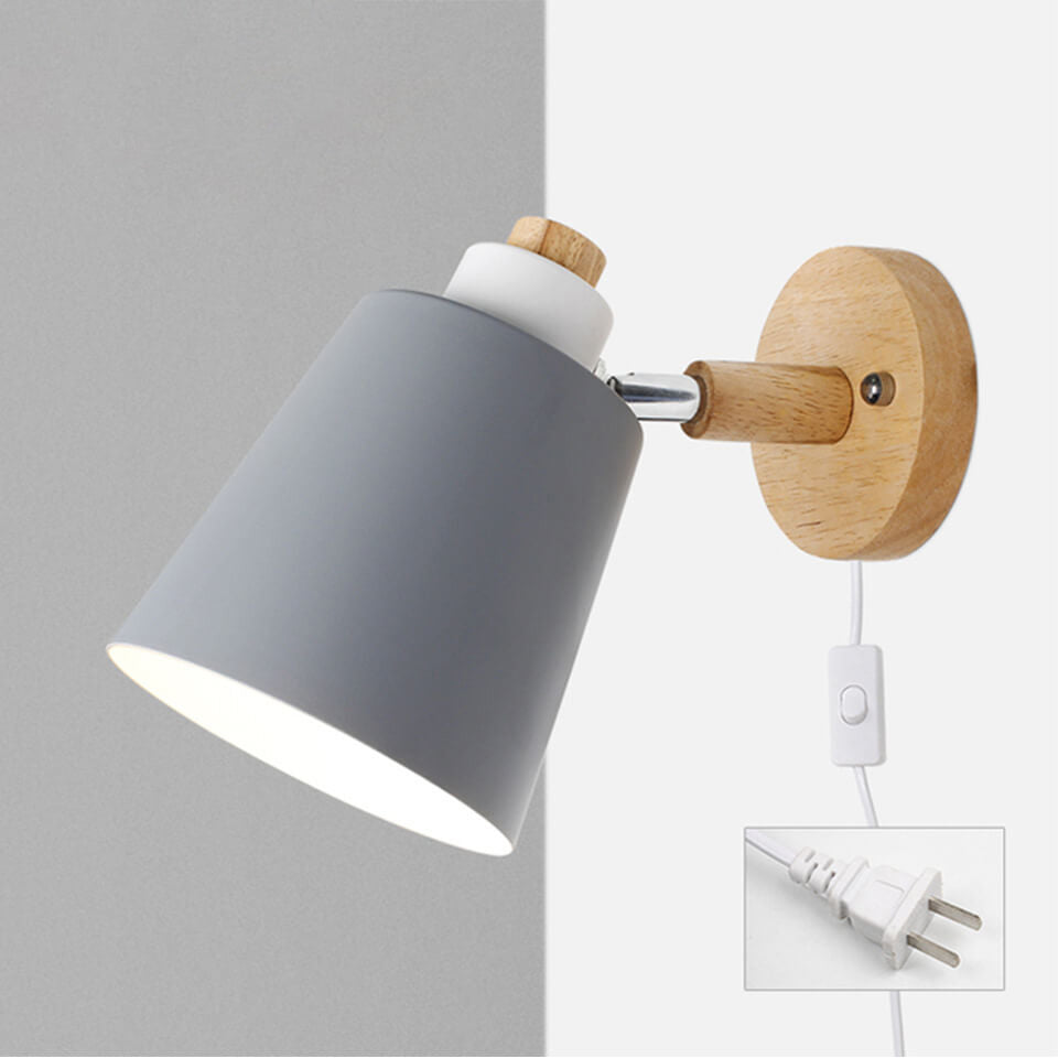 Minimalist Macaron Barrel Shade Wooden Chassis Plug 1-Light Wall Sconce Lamp for Living Room