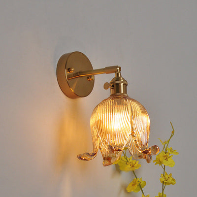 Vintage Japanese Brass Glass Bell Flower 1-Light Wall Sconce Lamp