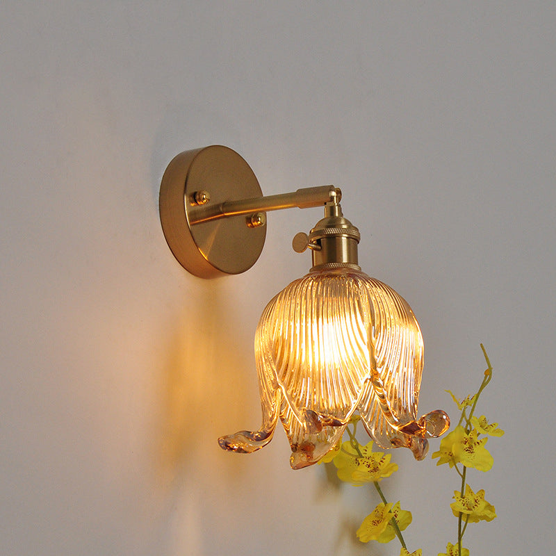 Vintage Japanese Brass Glass Bell Flower 1-Light Wall Sconce Lamp