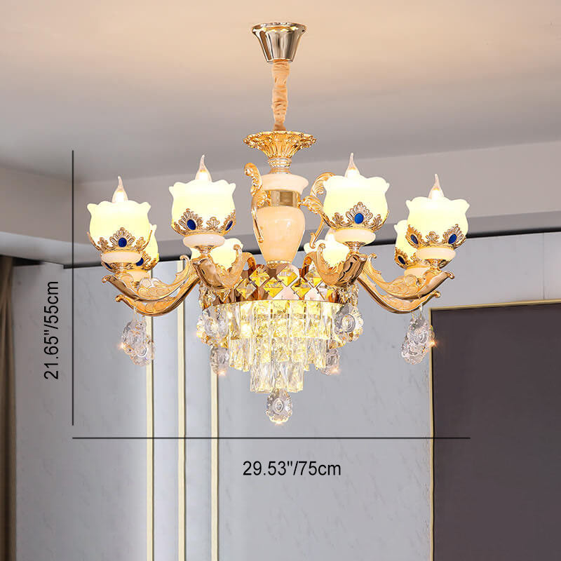 Modern Luxury Floral Candelabra Zinc Alloy Crystal Jade 6/8/10/15 Light Chandelier