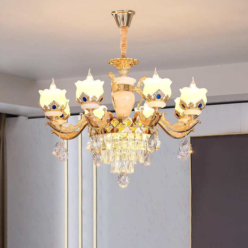 Modern Luxury Floral Candelabra Zinc Alloy Crystal Jade 6/8/10/15 Light Chandelier