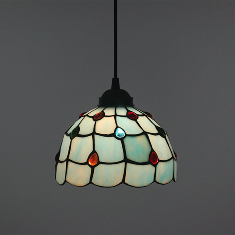 Tiffany European Gemstone Stained Glass Round 1-Light Pendant Light