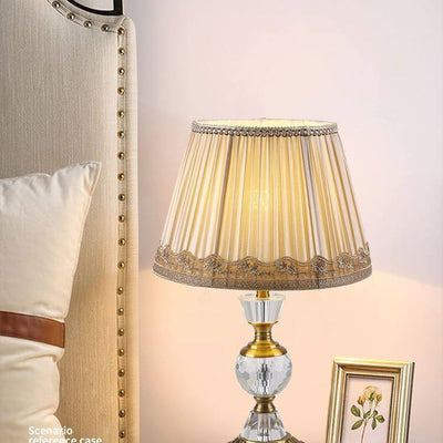 European Vintage Crystal Pillar Base Fabric 1-Light Table Lamp