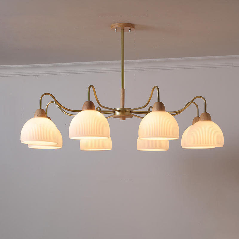 Moderner skandinavischer Kronleuchter aus Kautschukholz, Glas und Eisen mit runder, geschwungener Form, 3/6/8-flammig, für das Wohnzimmer 