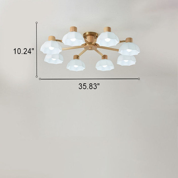 Plafón de techo tradicional japonés Wabi-sabi de madera de caucho, herrajes y vidrio de 3/6/8 luces para sala de estar 
