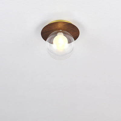 Japanese Minimalist Glass Iron Woodgrain 1-Light Semi-Flush Mount Ceiling Light