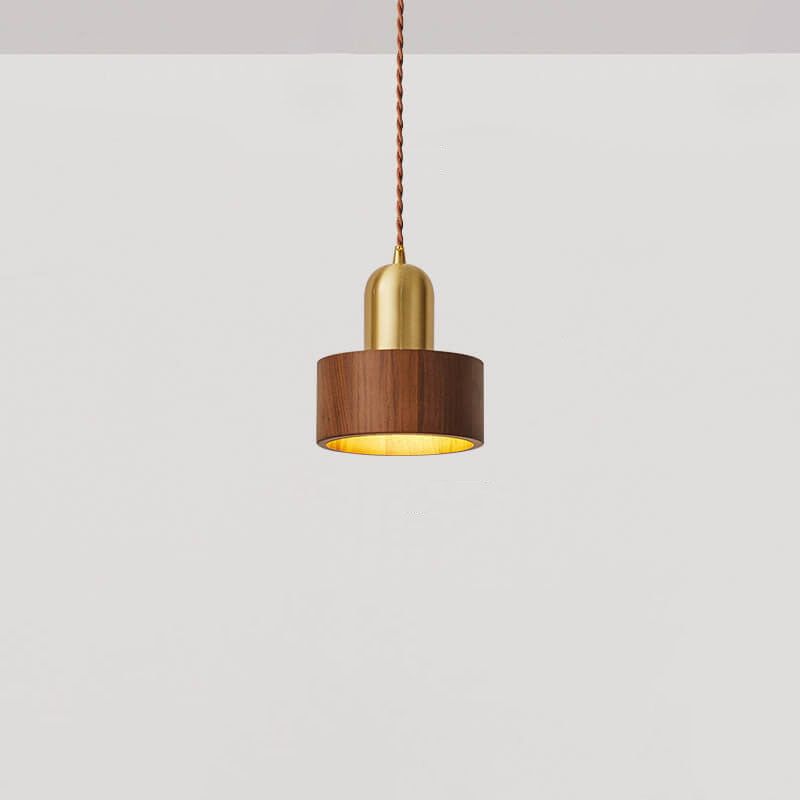 Traditional Vintage Ash Wood Walnut Geometric Round Cone Brass 1-Light Pendant Light for Living Room