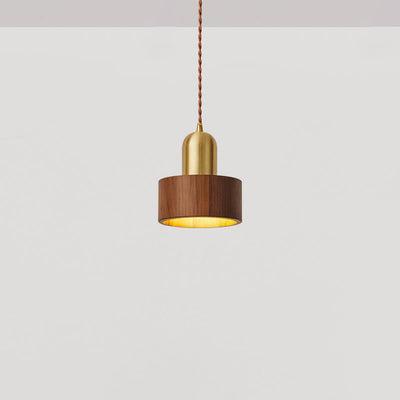 Japanese Vintage Walnut Geometric Round Cone Brass 1-Light Pendant Light