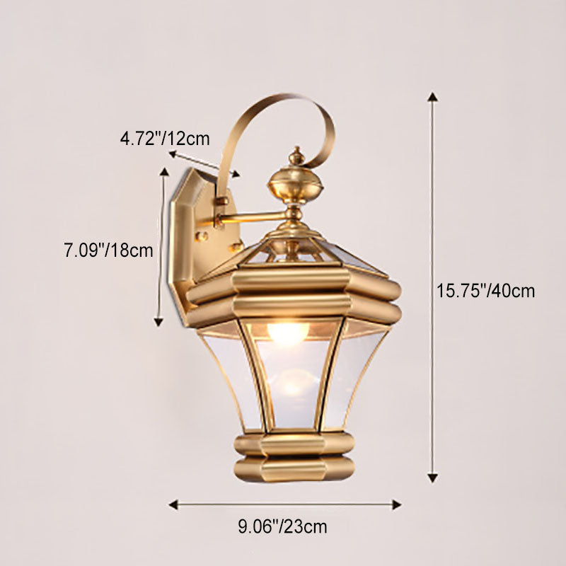 European Modern Luxury Hexagonal Lantern Brass Glass Waterproof 1-Light Outdoor Wall Sconce Lamp