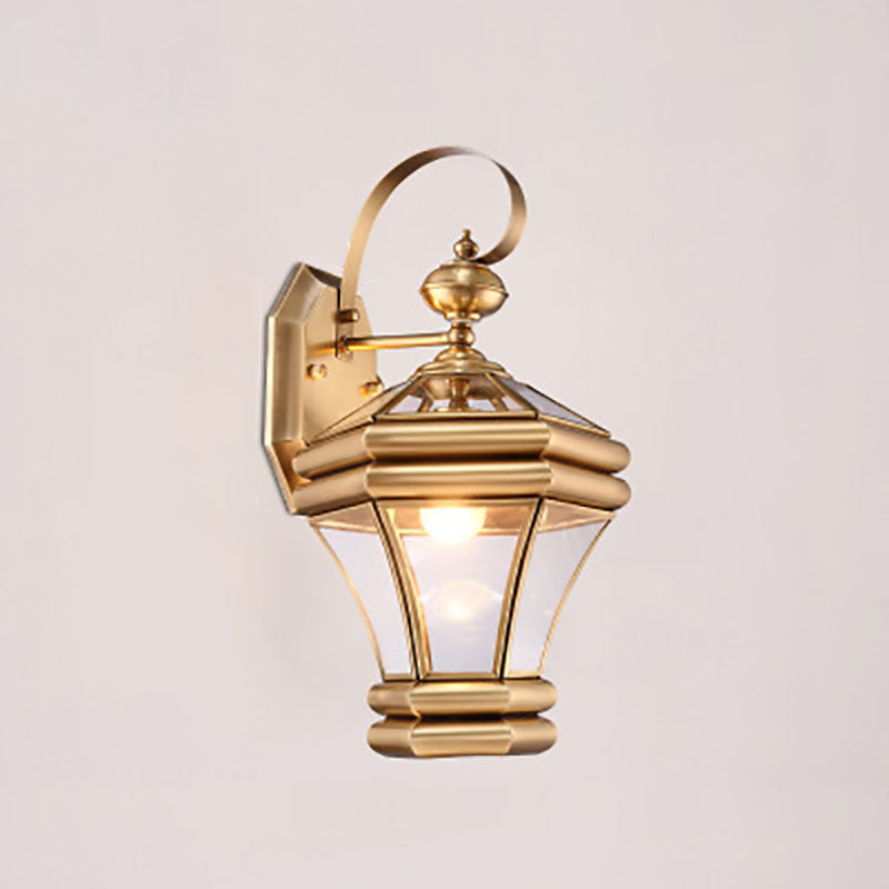 European Modern Luxury Hexagonal Lantern Brass Glass Waterproof 1-Light Outdoor Wall Sconce Lamp