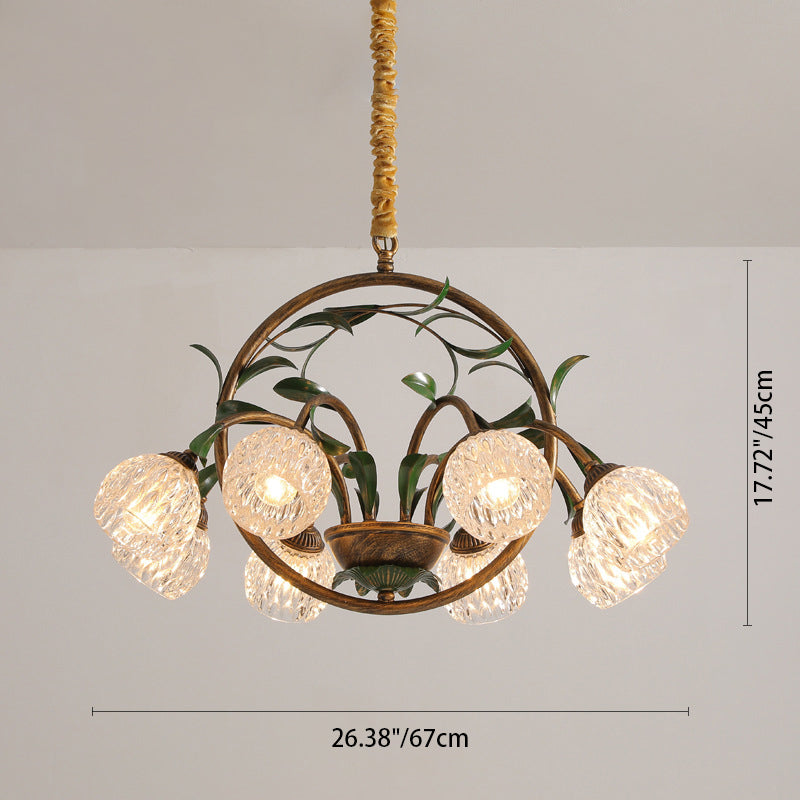 Modern Art Deco Iron Lacquered Ring Tulip Glass Crystal Shade 6/8-Light Chandelier For Living Room