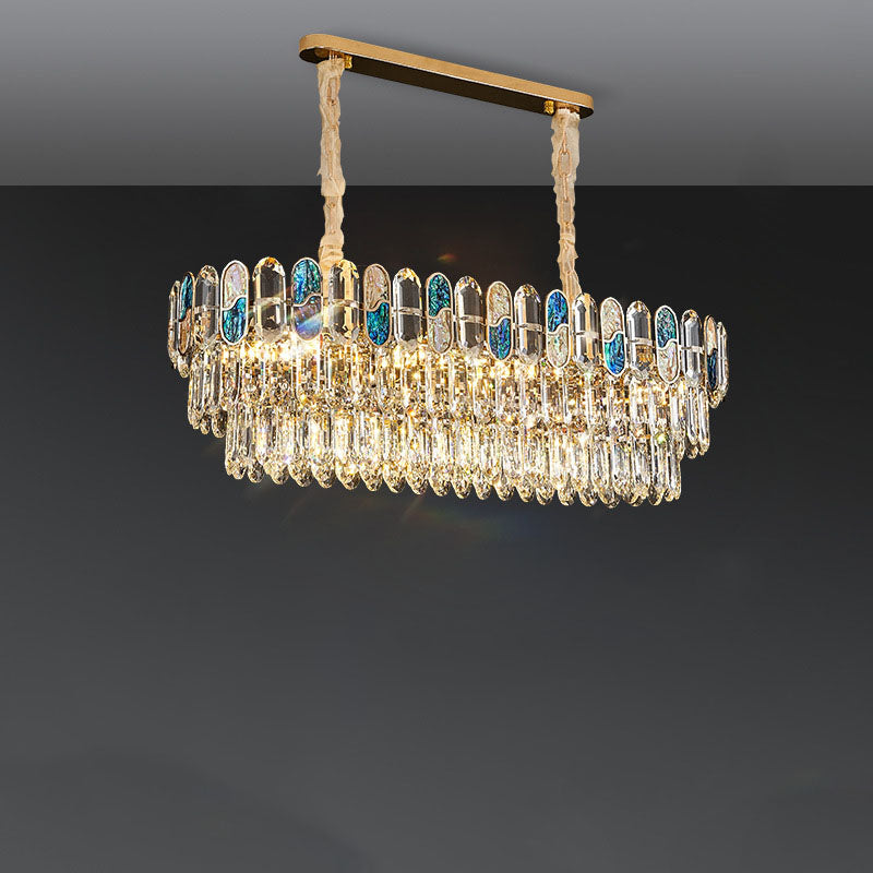 Modern Luxury Round Shell Embellishment Tiered Iron Crystal Shade 11/12/15/21/28-Light Chandelier For Living Room