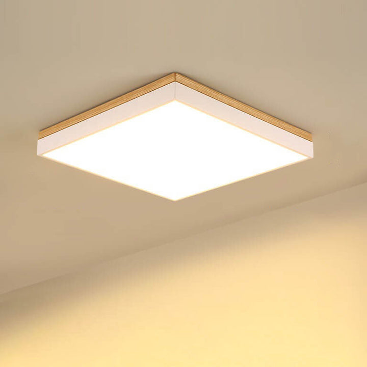 Moderne minimalistische LED-Deckenleuchte zur flachen Montage aus massivem Holz und Acryl in quadratischer Rechteckform für das Wohnzimmer 