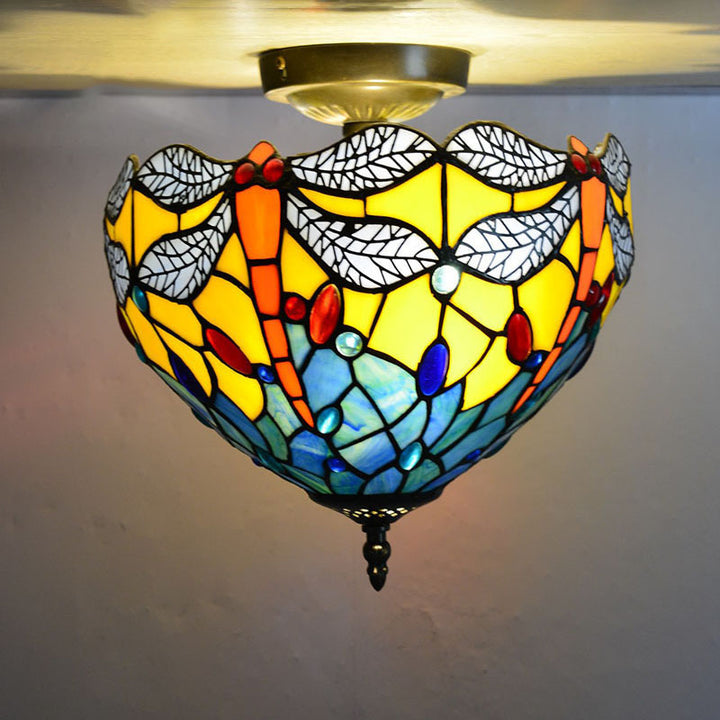 Traditional Tiffany Stained Glass Iron Bowl Round 2-Light Semi-Flush Mount Ceiling Light for Living Room