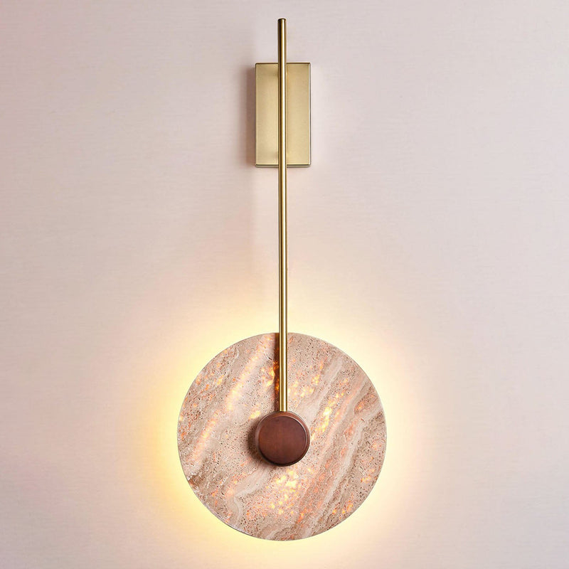 Skandinavische moderne minimalistische runde Eisen-Gelbe Travertin-LED-Wandleuchte 