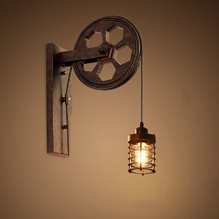 Traditional Vintage Pulley Iron Wood 1-Light Wall Sconce Lamp