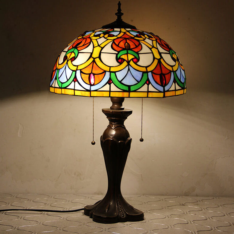 Lampe de table Tiffany avec fleur rétro européenne en verre teinté à 1 lumière avec cordon de tirage 