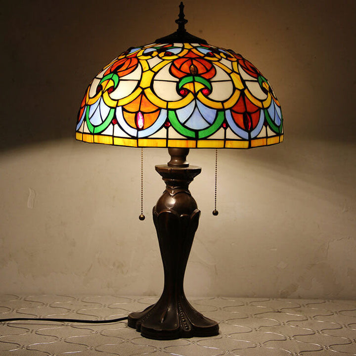 Lampe de table Tiffany avec fleur rétro européenne en verre teinté à 1 lumière avec cordon de tirage 
