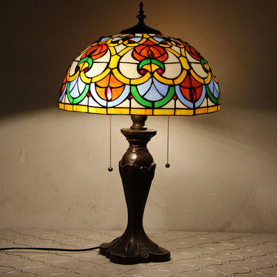Tiffany European Retro Flowers Stained Glass Pull Cord 1-Light Table Lamp