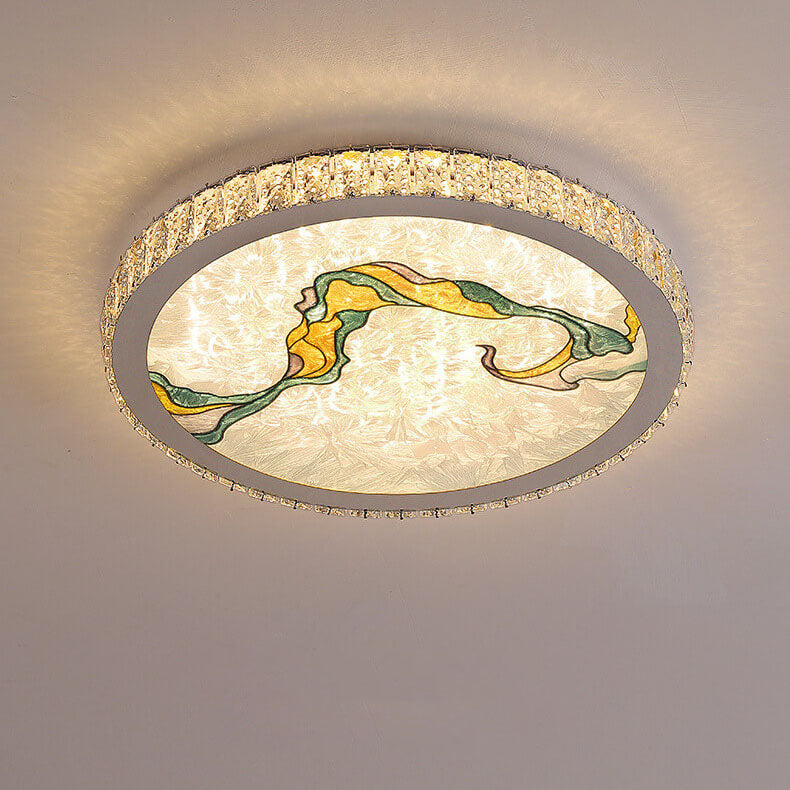 Modern Luxury Enamel Crystal Round LED Flush Mount Ceiling Light
