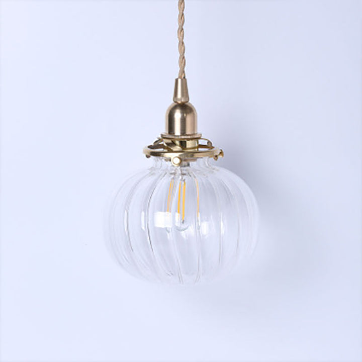 Traditionelle japanische Messingglas-Kürbisschirm-Pendelleuchte mit 1 Licht für Wohnzimmer 