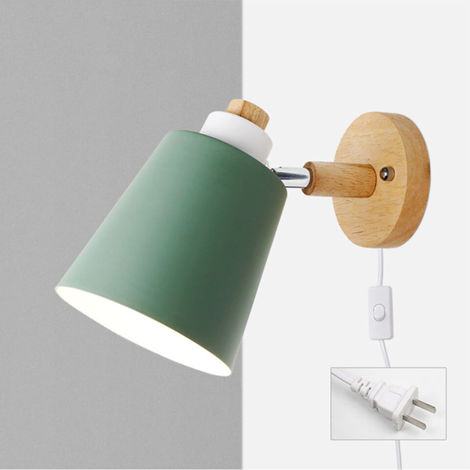 Minimalist Macaron Barrel Shade Wooden Chassis Plug 1-Light Wall Sconce Lamp for Living Room
