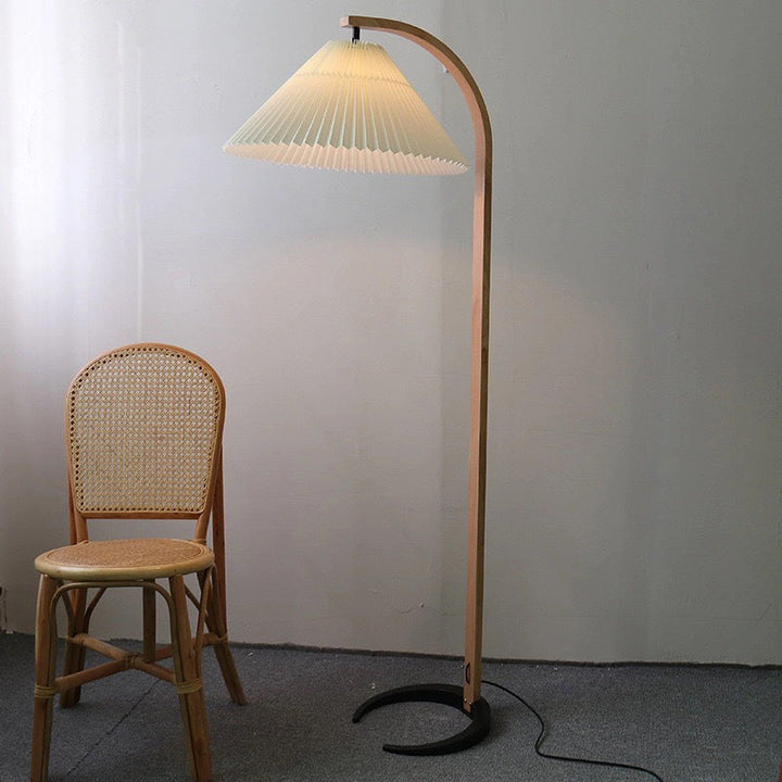Traditional Japanese Pleated Cone PVC Fabric Iron Beech Wood 1-Light Standing Floor Lamp For Home Office