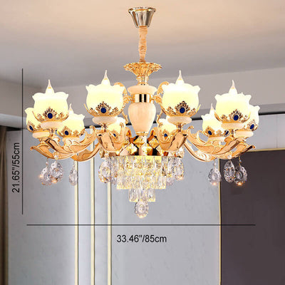 Modern Luxury Floral Candelabra Zinc Alloy Crystal Jade 6/8/10/15 Light Chandelier