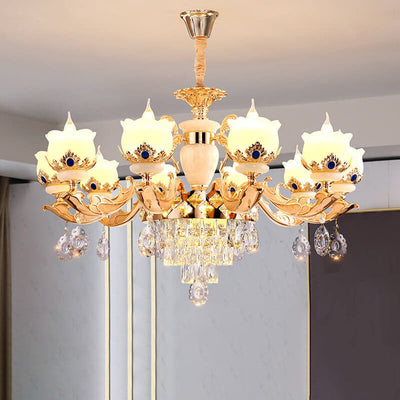 Modern Luxury Floral Candelabra Zinc Alloy Crystal Jade 6/8/10/15 Light Chandelier