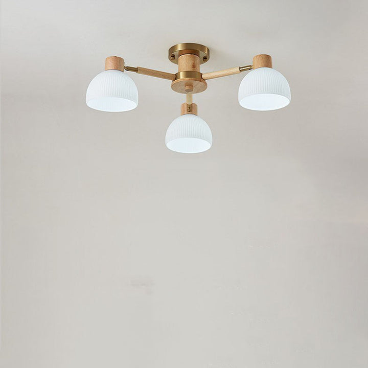 Plafón de techo tradicional japonés Wabi-sabi de madera de caucho, herrajes y vidrio de 3/6/8 luces para sala de estar 