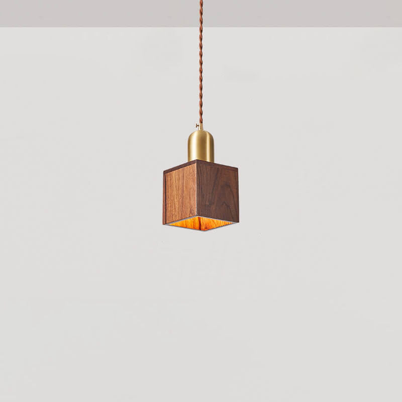 Traditional Vintage Ash Wood Walnut Geometric Round Cone Brass 1-Light Pendant Light for Living Room