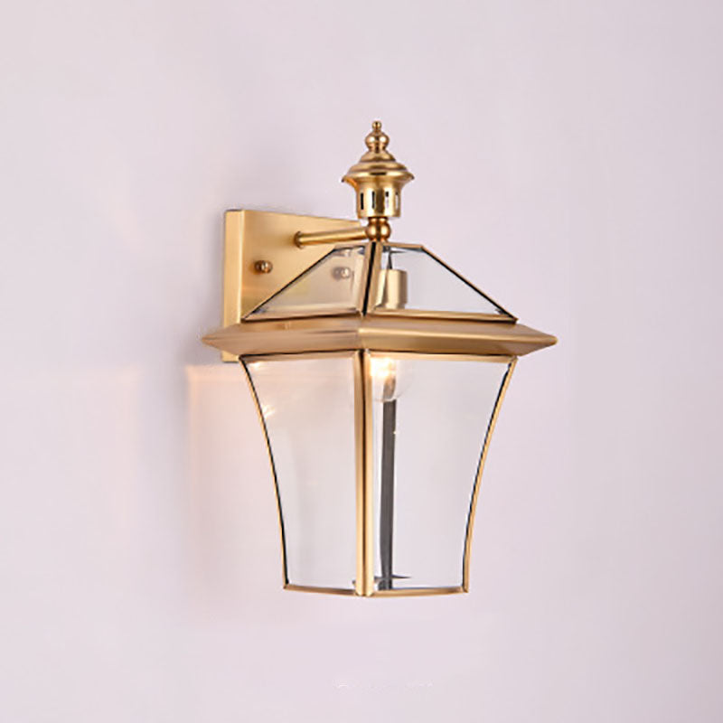 European Modern Luxury Hexagonal Lantern Brass Glass Waterproof 1-Light Outdoor Wall Sconce Lamp