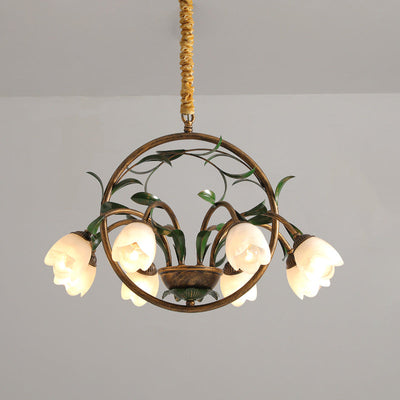 Modern Art Deco Iron Lacquered Ring Tulip Glass Crystal Shade 6/8-Light Chandelier For Living Room