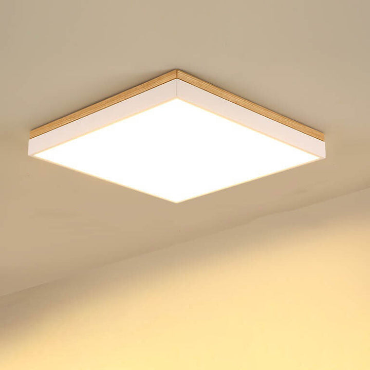 Moderne minimalistische LED-Deckenleuchte zur flachen Montage aus massivem Holz und Acryl in quadratischer Rechteckform für das Wohnzimmer 