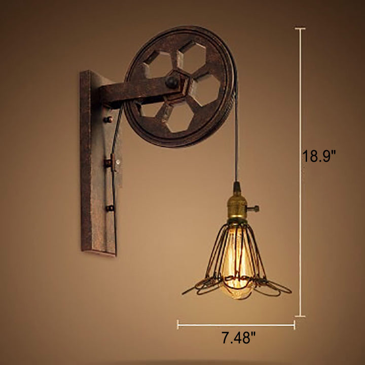 Traditional Vintage Pulley Iron Wood 1-Light Wall Sconce Lamp