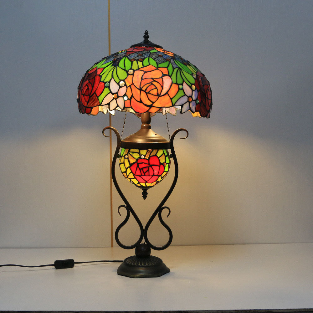 Traditional Tiffany Floral Stained Glass Iron Resin Round Pot 3-Light Table Lamp For Bedroom