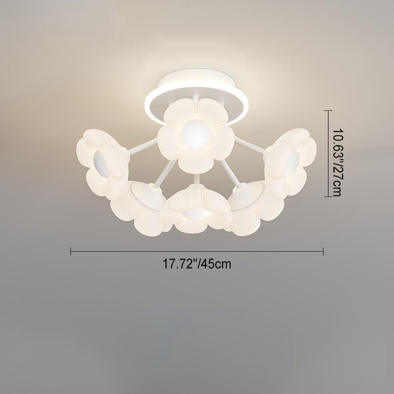 Contemporary Creative Flower PE Shade Iron Frame LED Semi-Flush Mount Ceiling Light For Bedroom