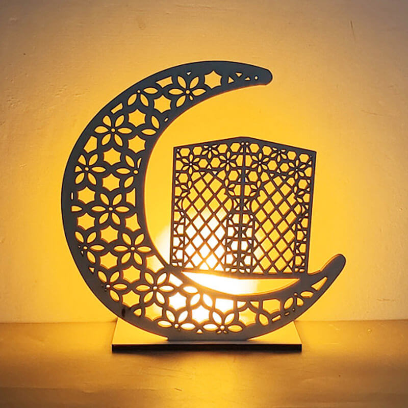 Eid Creative Moon Wooden LED Night Light Decorative Table Lamp