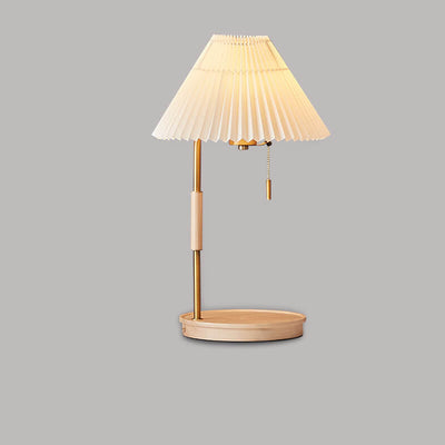 Modern Pleated Shade Walnut Wood Round Base 1-Light Table Lamp
