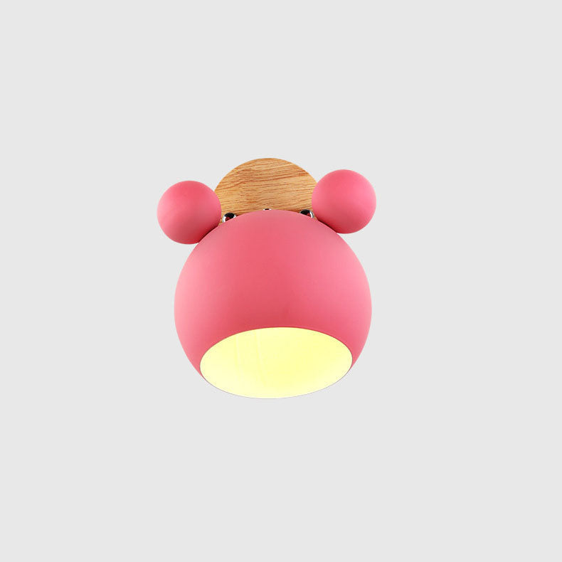 Contemporary Nordic Kids Cartoon Iron Solid Wood Bear Dome 1-Light Wall Sconce Lamp For Bedroom