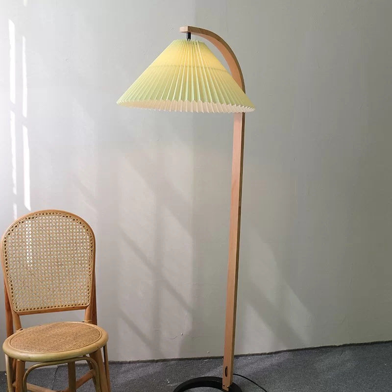 Traditional Japanese Pleated Cone PVC Fabric Iron Beech Wood 1-Light Standing Floor Lamp For Home Office