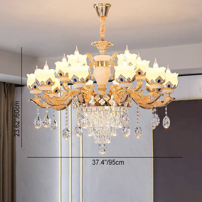 Modern Luxury Floral Candelabra Zinc Alloy Crystal Jade 6/8/10/15 Light Chandelier