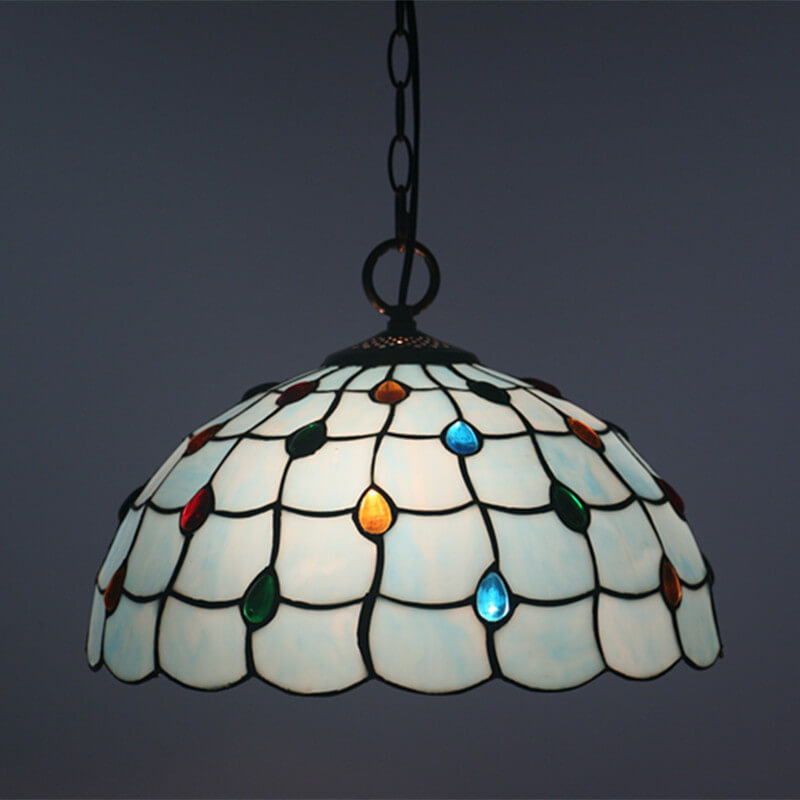Tiffany European Gemstone Stained Glass Round 1-Light Pendant Light