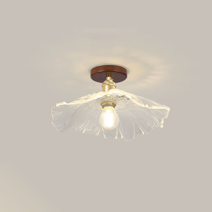 Plafonnier semi-encastré à 1 lumière en bois et feuille de lotus en verre chinois moderne 