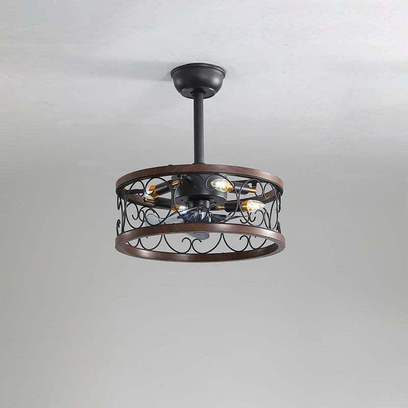 Industrial Minimalist Copper Iron Round Square 4-Light Semi-Flush Mount Ceiling Fan Light