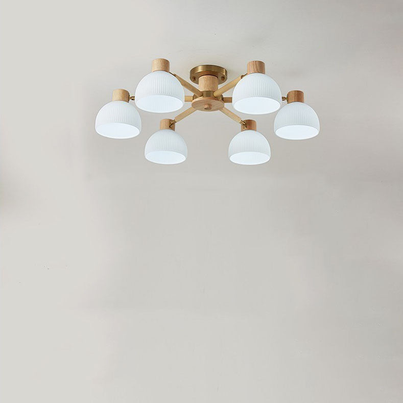Plafón de techo tradicional japonés Wabi-sabi de madera de caucho, herrajes y vidrio de 3/6/8 luces para sala de estar 