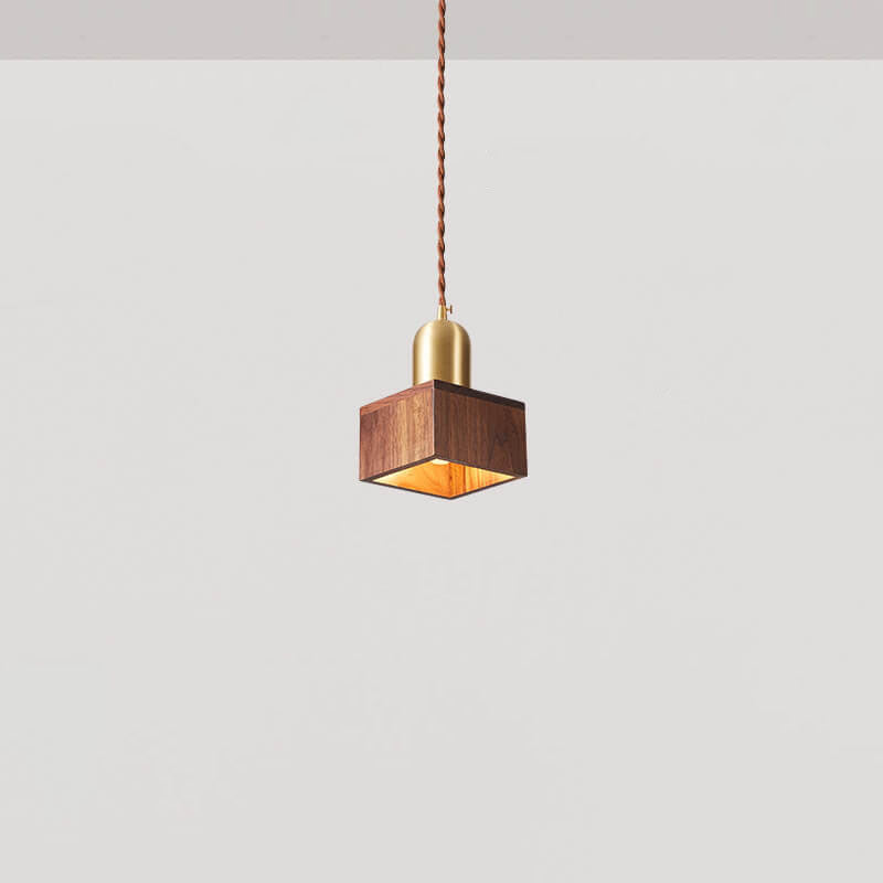 Traditional Vintage Ash Wood Walnut Geometric Round Cone Brass 1-Light Pendant Light for Living Room