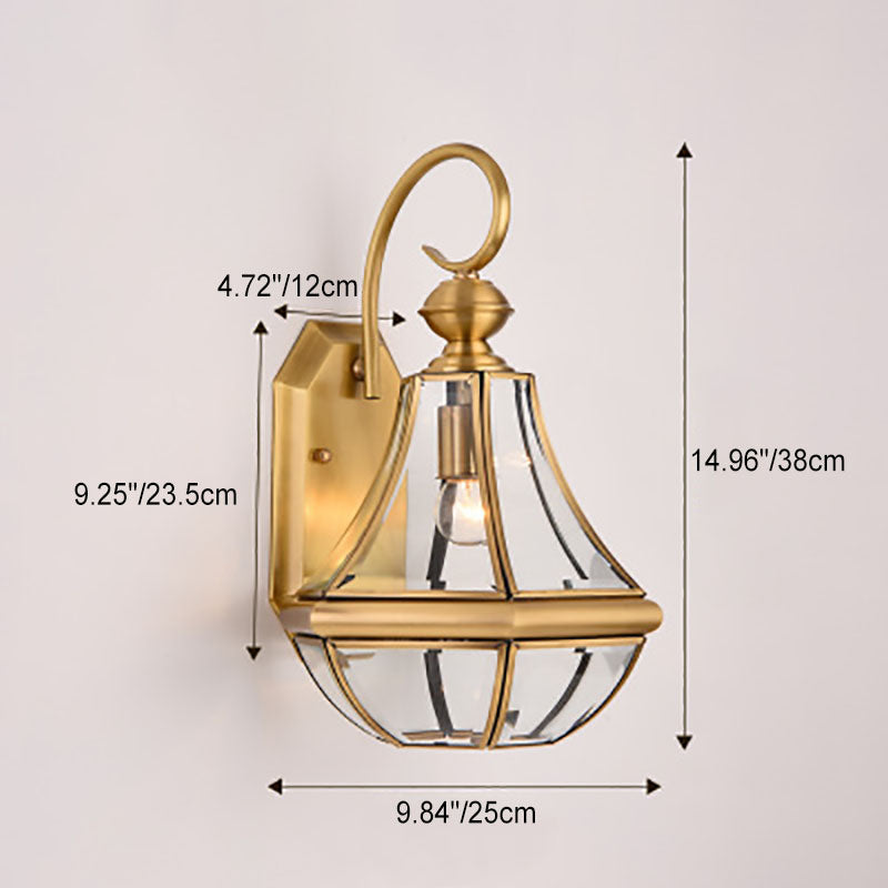 European Modern Luxury Hexagonal Lantern Brass Glass Waterproof 1-Light Outdoor Wall Sconce Lamp