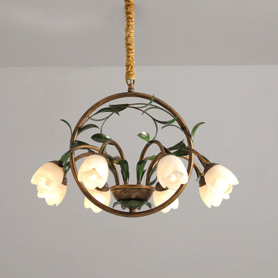 Modern Art Deco Iron Lacquered Ring Tulip Glass Crystal Shade 6/8-Light Chandelier For Living Room