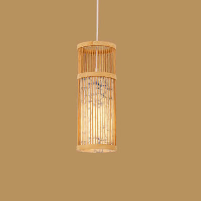 Modern Chinese Bamboo Weaving Long Cylinder 1-Light Pendant Light